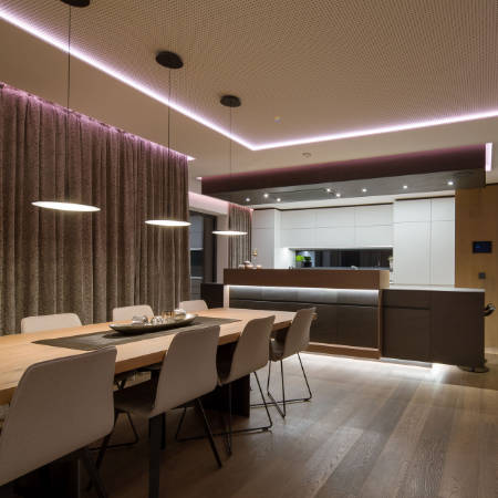 a smart home automation installation in kitchen and dining room